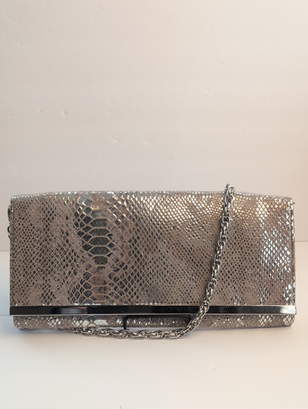 White House Black Market Silver Snake-Embossed Chain Clutch - Picture 1 of 14